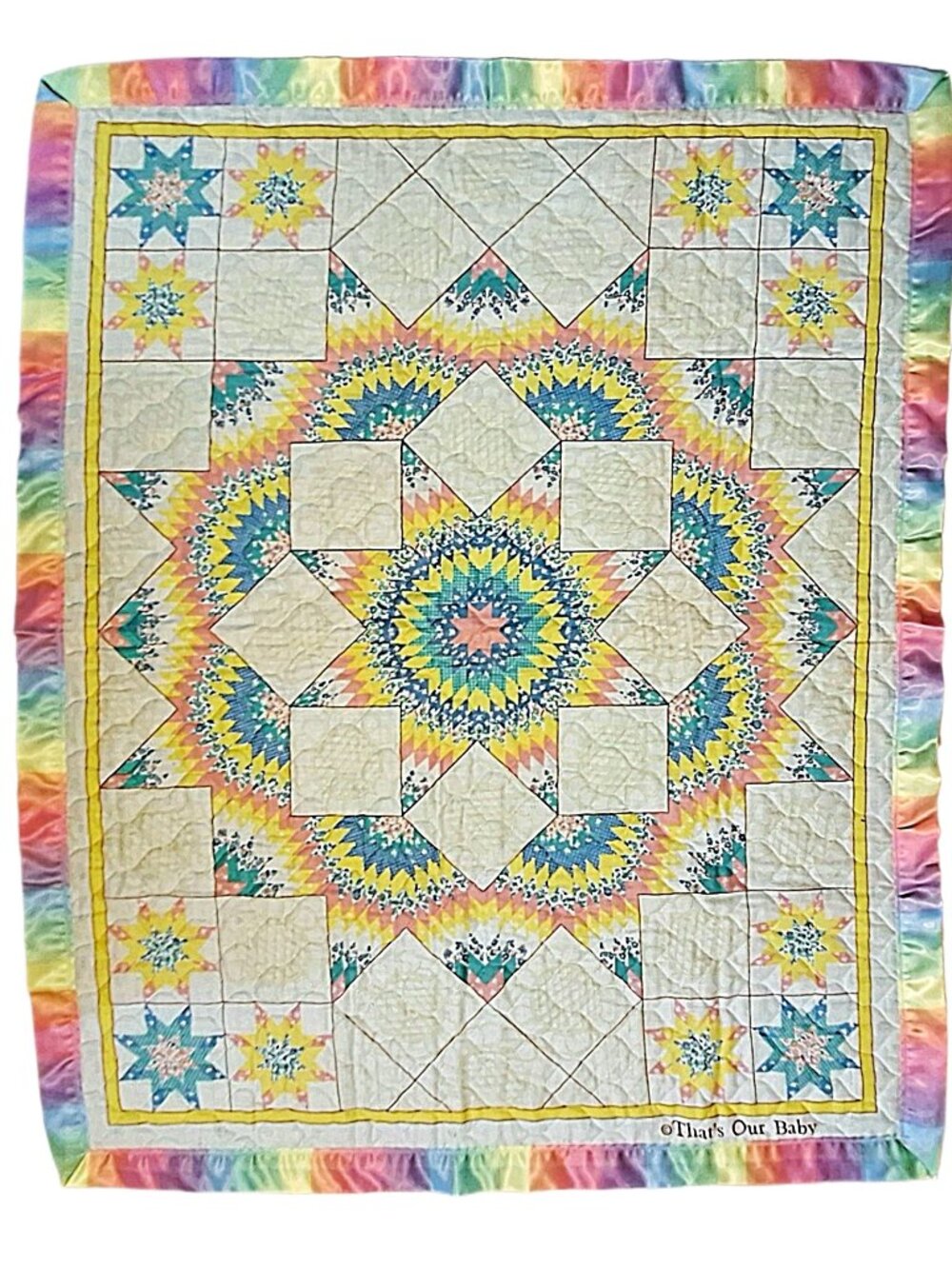 Vintage Handmade Baby Quilt Satin Ribbon Binding Geometric Stars 37″x44″ USA
